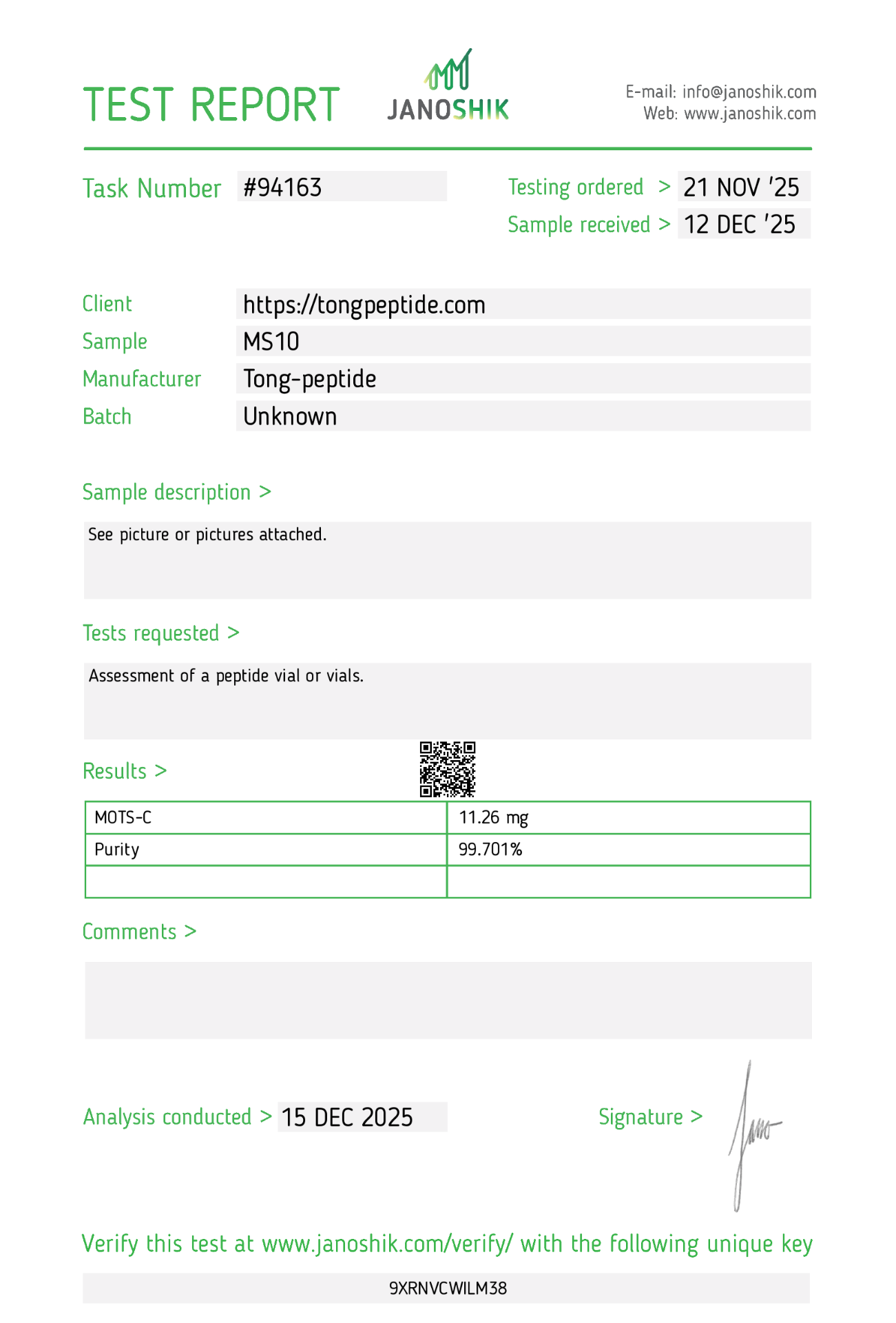 MOTS-C Certificate of Analysis